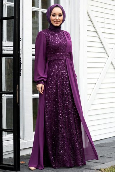 Neva Style Sequin Sequined Plum Hijab Evening Dress 5408Mu