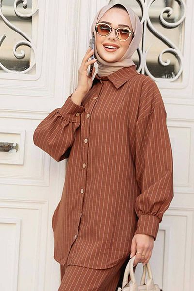 Neva Style Striped Tan Hijab Tunic 11931TB
