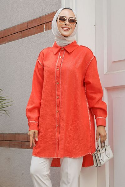 Neva Style قميص حجاب بأزرار باللون الأحمر الفاتح - 10522AK
