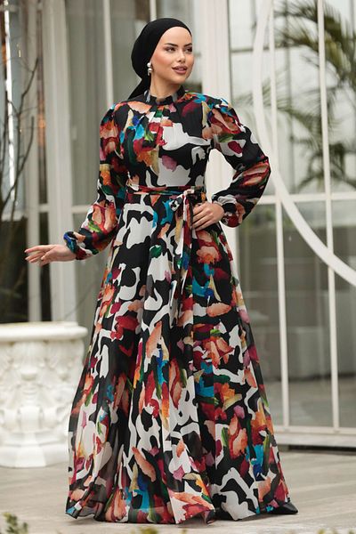 Neva Style - Rochie neagră cu model Hijab 30059s
