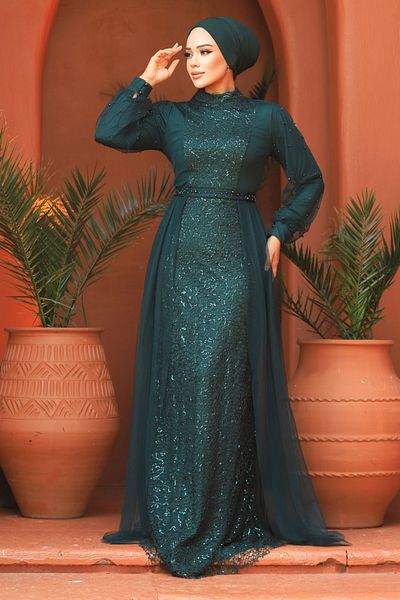 Neva Style Sequin Sequin Embroidered Green Hijab Evening Dress 5632Y