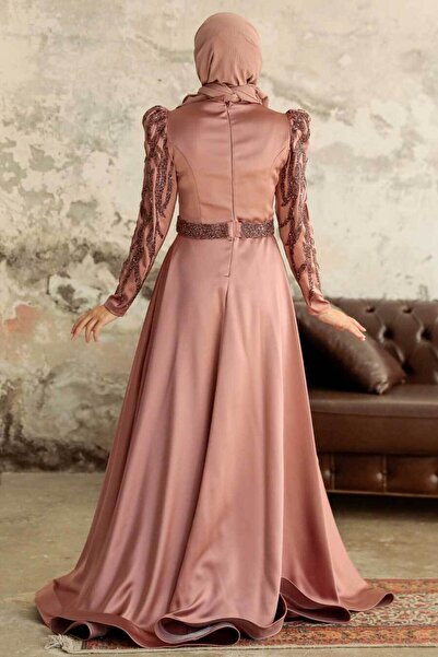 Neva Style Beaded Copper Satin Hijab Evening Dress 22671Bkr
