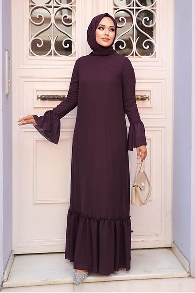 Neva Style Rochie Hijab Mov Inchis cu Volan la Capatul Maneca 5729kmor