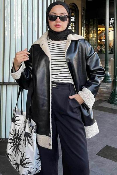 Neva Style - Jachetă din piele neagră Hijab cu detaliu de blană 9310s
