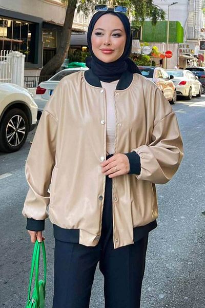 Neva Style - Jachetă din piele hijab bej cu nasturi 9264bej