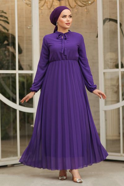 Neva Style Rochie Hijab Mov cu Guler Legat 50351MOV