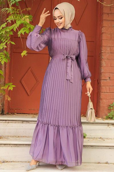 Neva Style Rochie Hijab Liliac închis plisată 39651klıla