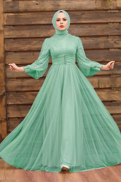 Neva Style Button Detailed Mint Hijab Evening Dress 5478Mint
