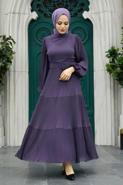 Neva Style - Rochie Hijab Liliac Inchis cu Curea cu 3590k