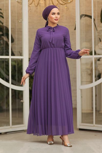 Neva Style Rochie Hijab Prune cu Guler Legat 50351MU