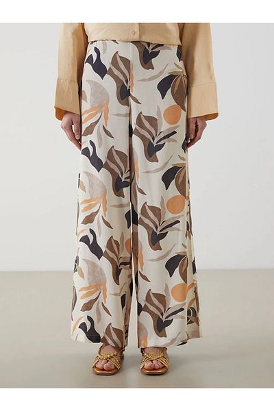 LC Waikiki Lcw Modest Beige Elastic Waist Patterned Women's Trousers