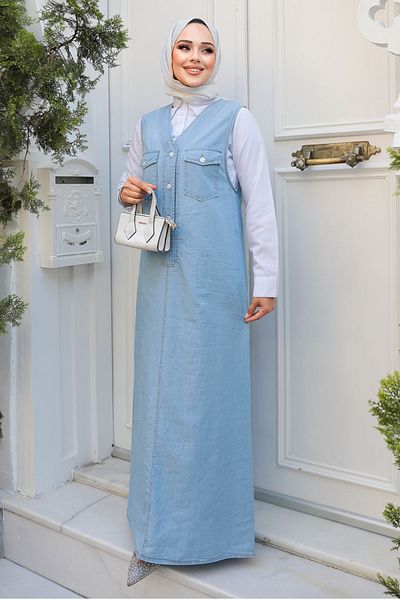 Neva Style Rochie Salopet din Denim Albastru Hijab - 19018M