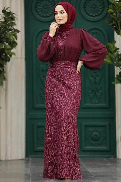 Neva Style Rochie de seara cu hijab - Rochie de seara musulmana burgundy brodata cu paiete 22213br
