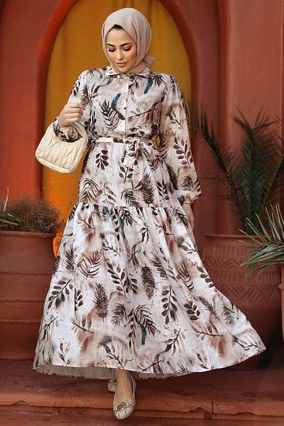 Neva Style Flower Patterned Brown Hijab Dress 60891KH