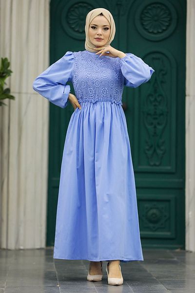 Neva Style - Rochie Hijab Albastră cu Detaliu Dantela 5857m