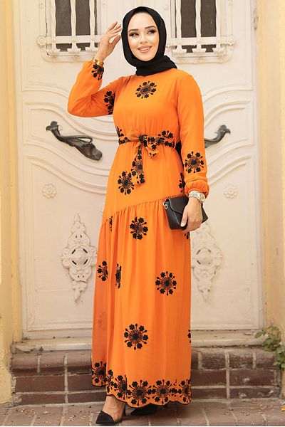 Neva Style Φόρεμα Hijab με λουλούδια πορτοκαλί 1332t