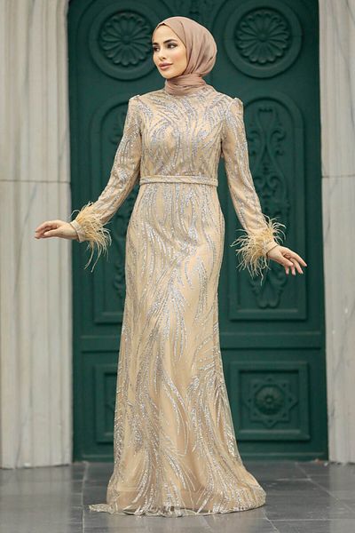 Neva Style Rochie de seara Hijab - Rochie de seara Hijab auriu argintiu 23061aur