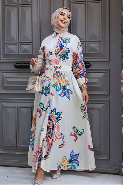 Neva Style Rochie Hijab cu model ecru - 23441E