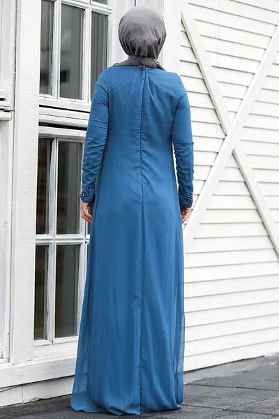 Neva Style Βραδινό φόρεμα με δαντέλα Indigo Blue Hijab 20803ım