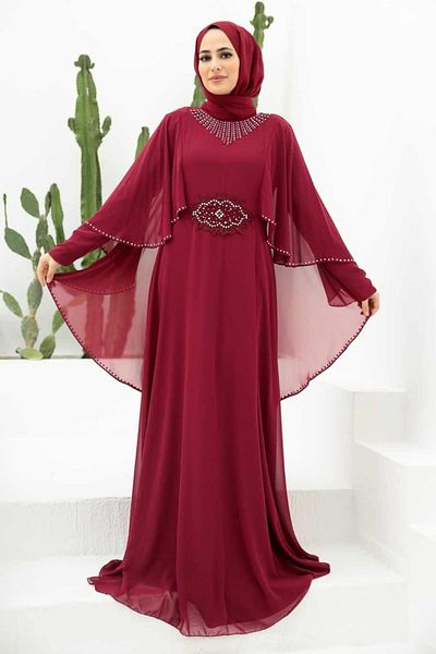 Neva Style - Rochie de seara Hijab Rosie Claret cu Cape 91501br
