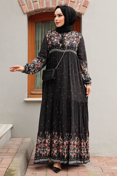 Neva Style فستان حجاب أنثراسايت منقوش 50095ANT