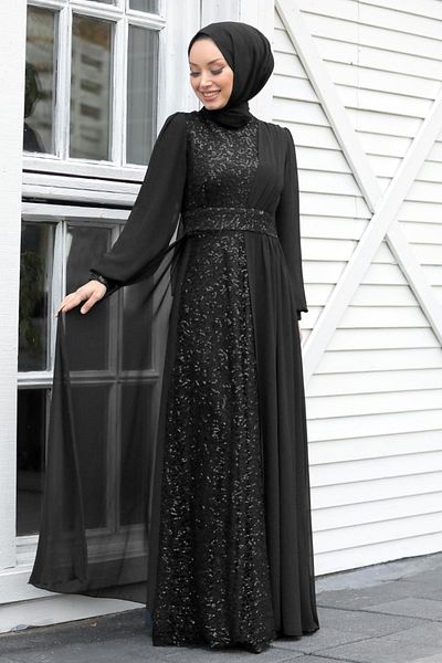 Neva Style Sequin Sequined Black Hijab Evening Dress 5408S