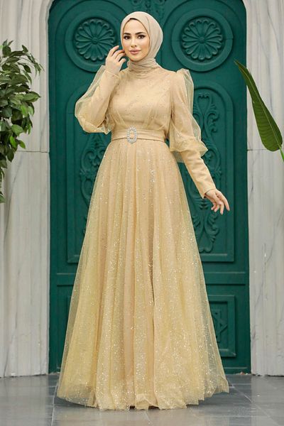 Neva Style فستان سهرة حجاب ذهبي فضي 23041 ذهبي