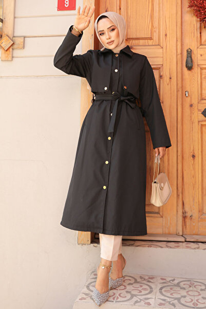 Neva Style Düğmeli Siyah Tesettür Trençkot 62131S