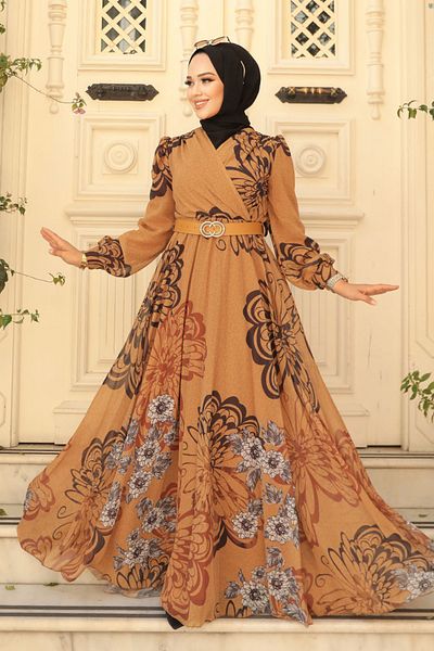 Neva Style - Butterfly Patterned Mustard Hijab Dress 3463Hr