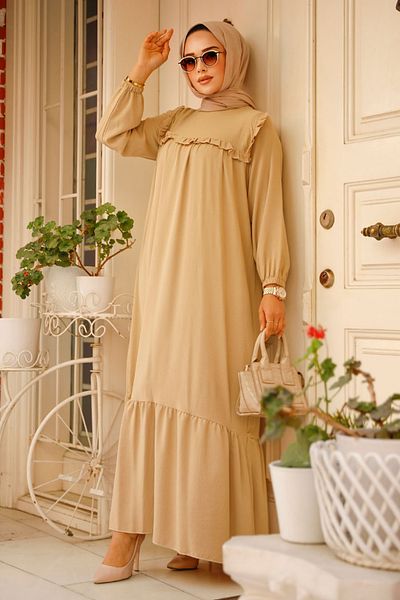 Neva Style Rochie Hijab Bej cu Detaliu Volan 7681bej
