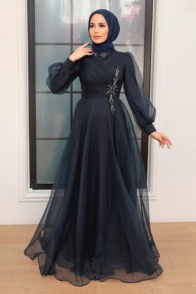 Neva Style Beaded Navy Blue Hijab Evening Dress 22551L