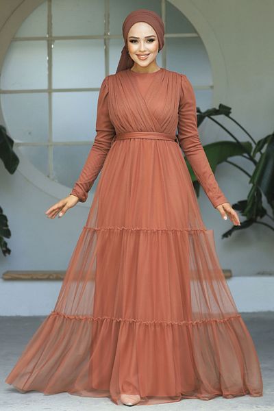 Neva Style Kat Pleated Tan Hijab Evening Dress 55621Tb