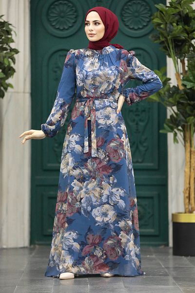 Neva Style Φόρεμα Hijab με λουλουδάτο σχέδιο Indigo Blue 279318 είμαι