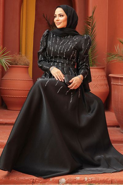 Neva Style Rochie de seară hijab neagră brodata cu margele 51891s