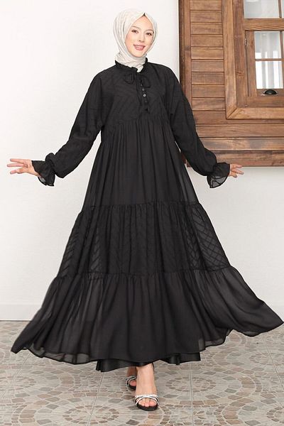 Neva Style Μαύρο Πλισέ Φόρεμα Hijab - 14232S