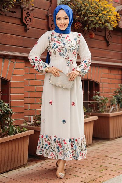 Neva Style Rochie Hijab albă cu imprimeu floral 23233B