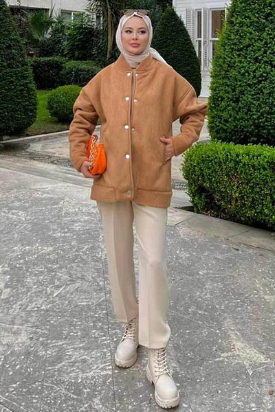 Neva Style Suede Leather Tan Hijab College Coat 9287Tb