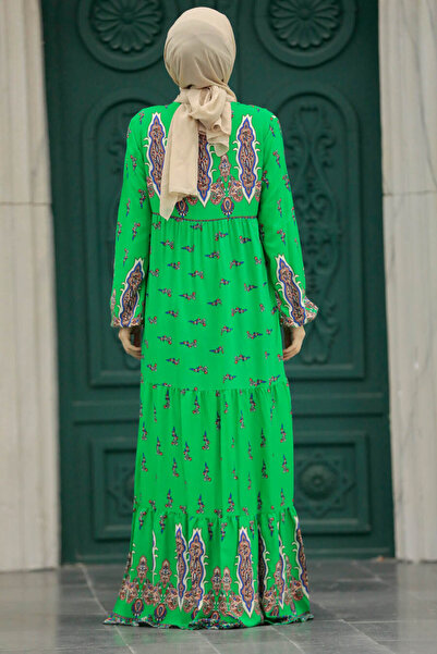 Neva Style Patterned Green Hijab Dress 50092Y