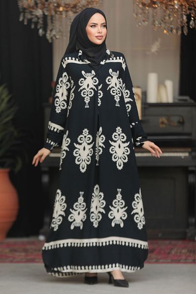 Neva Style Rochie musulmană neagră cu imprimeu floral 23172S