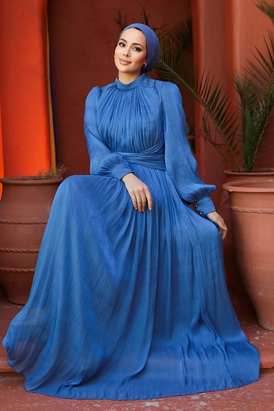 Neva Style Βραδινό φόρεμα με μανίκι μπαλόνι Indigo Blue Hijab 46221ım