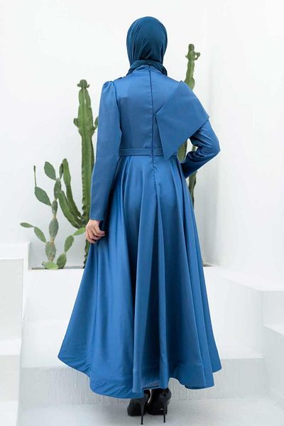 Neva Style Βραδινό φόρεμα Satin Indigo Blue Hijab 22183ım