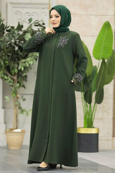Neva Style فستان حجاب كاكي مزين بالزهور 62533hk