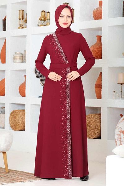 Neva Style Rochie de seara musulmana burgundy brodata cu margele 32150br
