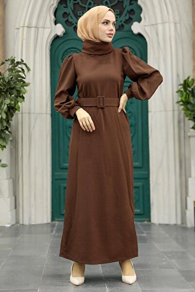 Neva Style فستان تيزيت بني بياقة عالية 17861KH