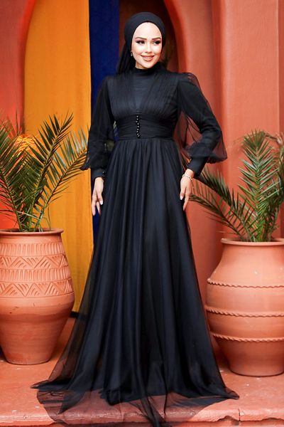 Neva Style Βραδινό φόρεμα με κουμπιά μαύρο Hijab 5478s