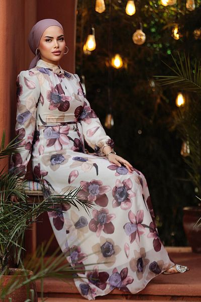 Neva Style Floral Patterned Dusty Rose Hijab Dress 279325 Gk