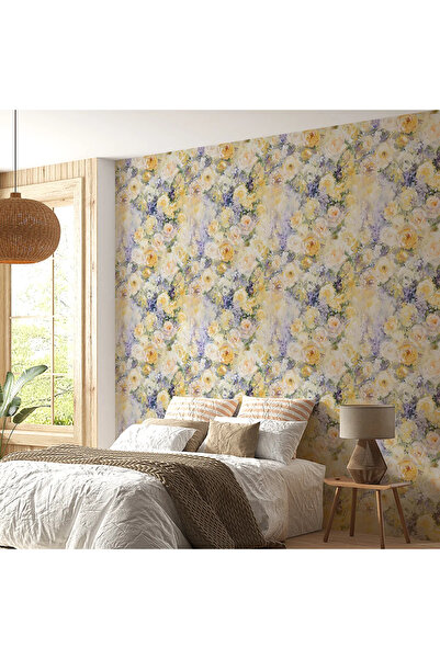 dreamwall Sarı Beyaz Gül Desenli Duvar Kumaşı -Isı ve Ses Yalıtımlı