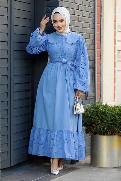 Neva Style Blue Laced Hijab Dress - 10034m