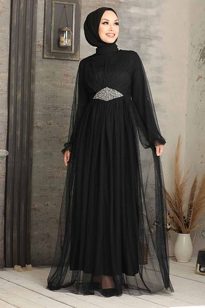 Neva Style Rochie de seara cu hijab - Rochie de seara cu hijab neagra din tul 54230s