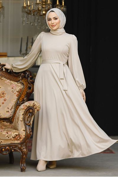 Neva Style Rochie Hijab Bej - Cu Curea, Model Nr: 23101BEJ